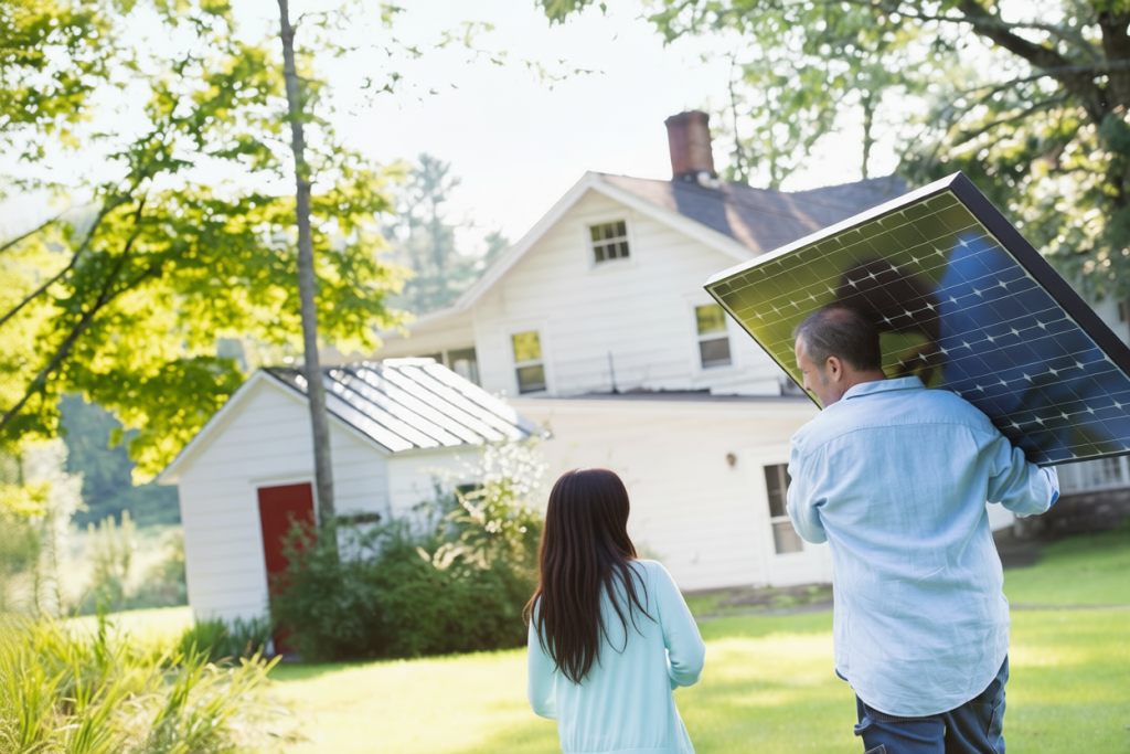Man carrying a solar panel toward a residential home with a family, representing residential solar installation and energy independence in Australia